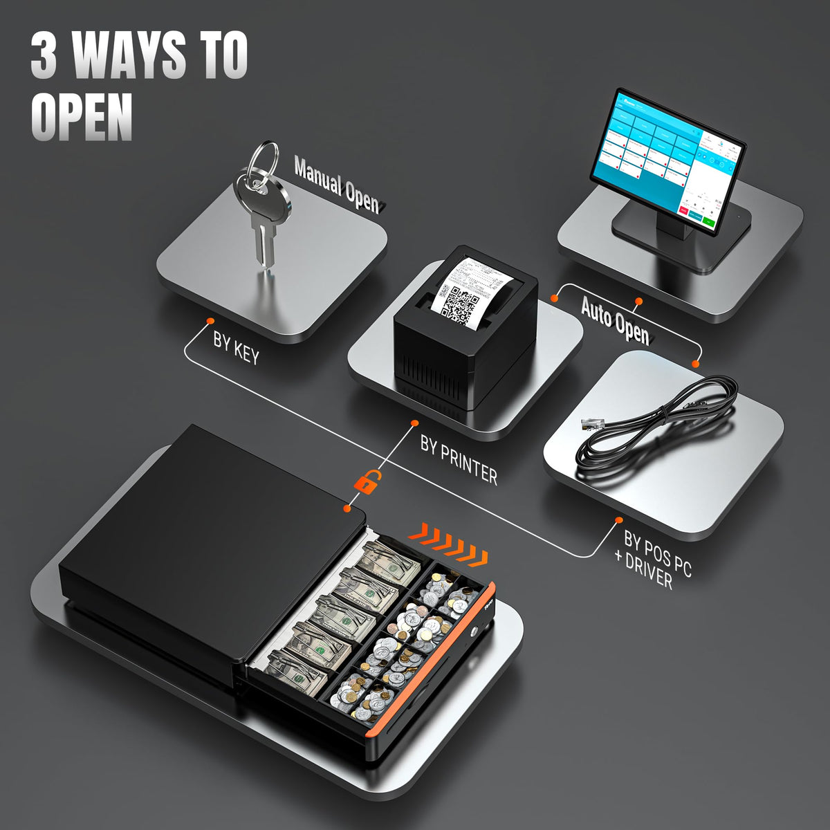 Tera 16" Auto Open Cash Register Drawer, 5 Bill 8 Coin (405R)