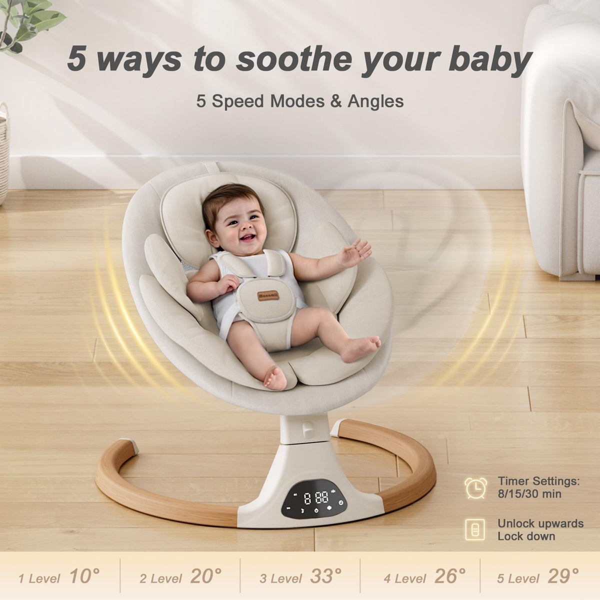 Monamii Bluetooth Baby Swing with Remote, Light Beige
