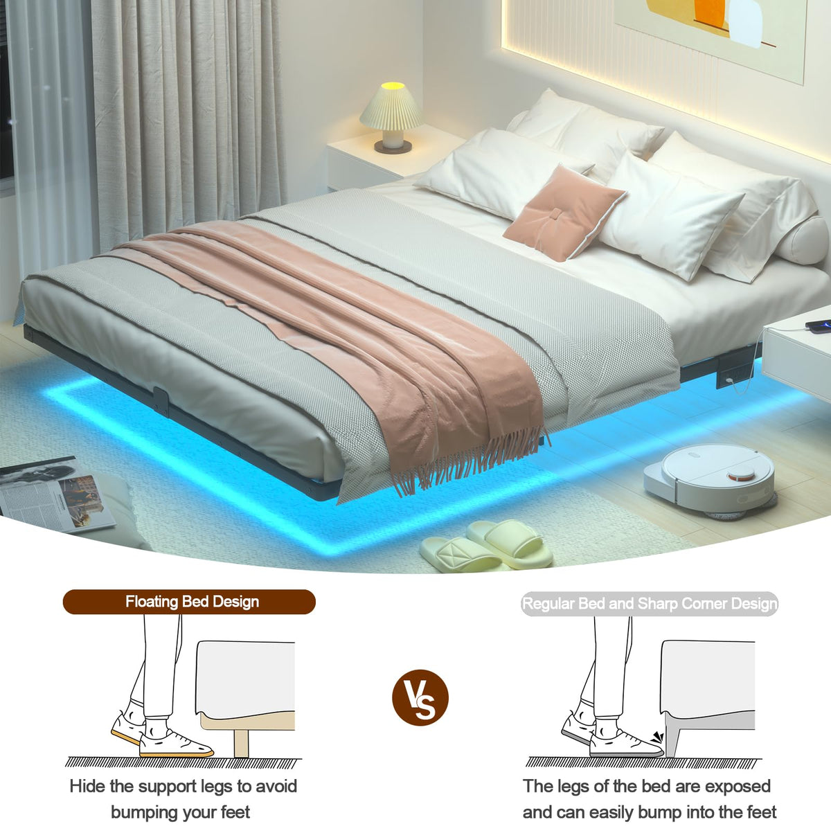 Loakekel Queen Bed Frame with USB Charging and LED Lights, HBF150BK