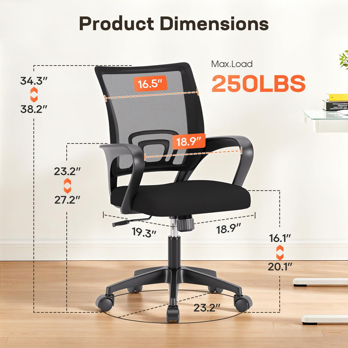 BestOffice Ergonomic Mid-Back Swivel Desk Chair, Black
