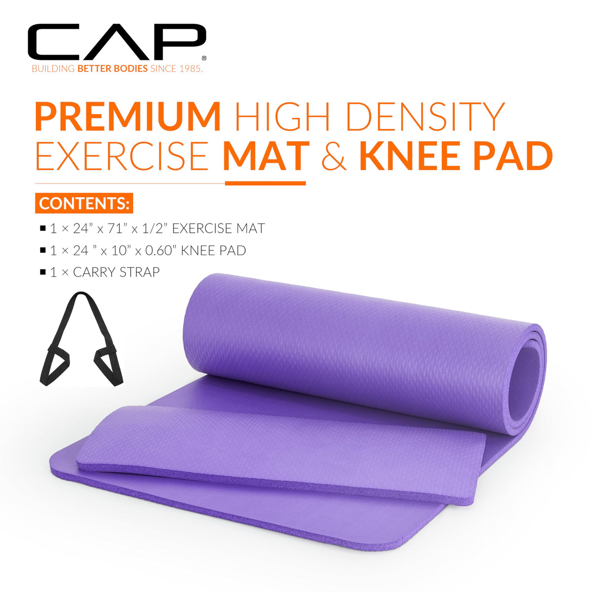 CAP Barbell Yoga Mat with Strap and Knee Pad, 71"x24"x1/2", Purple