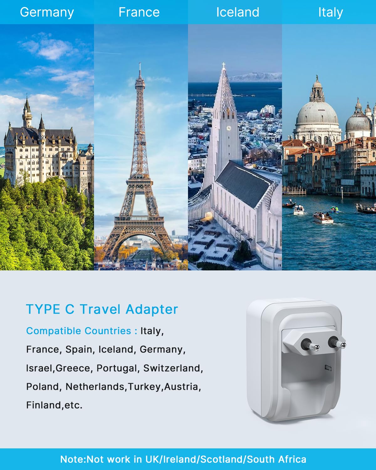 VINTAR European Travel Plug Adapter, Type C, 2-Pack