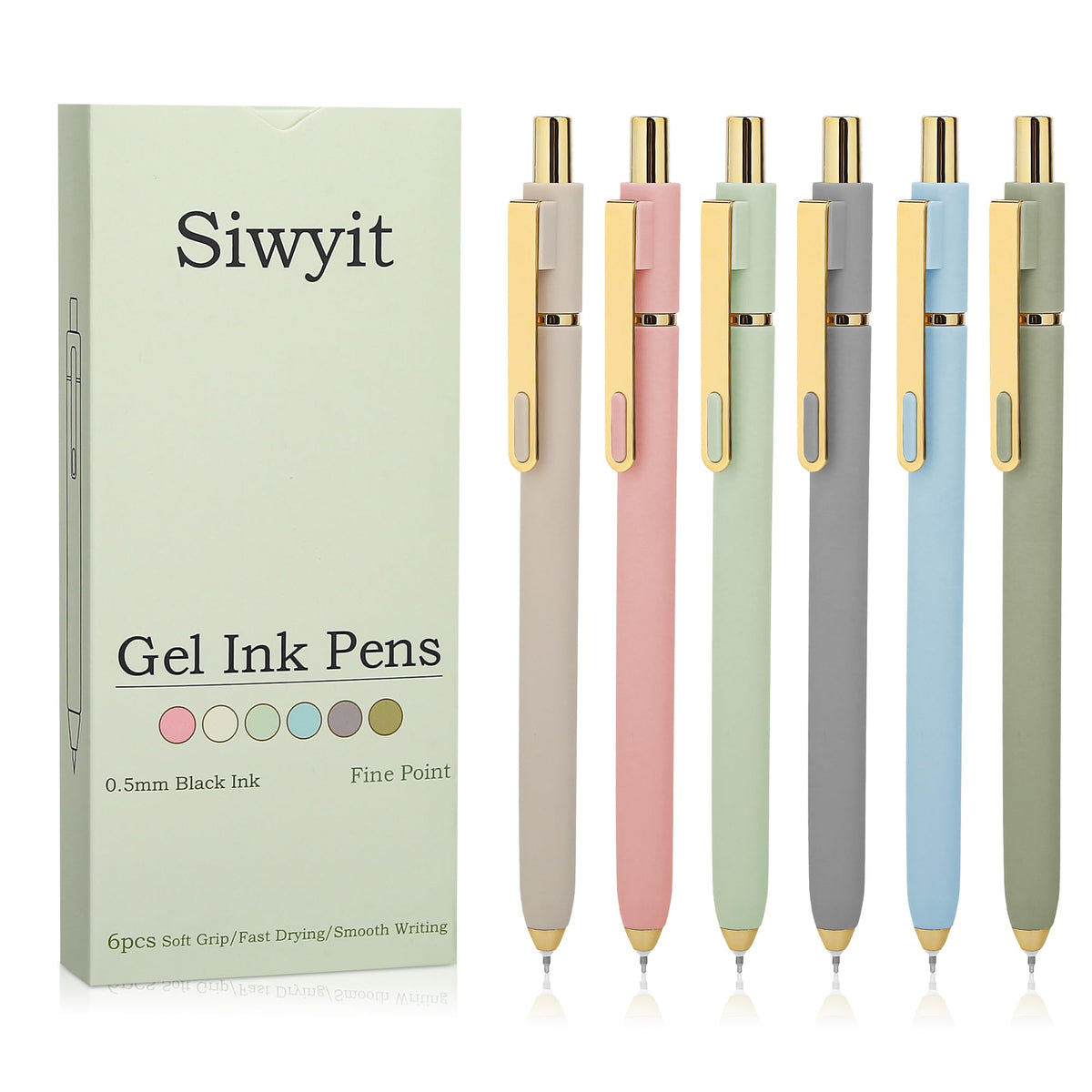 Siwyit Retractable Black Gel Pens, 0.5 mm, 6 Pack