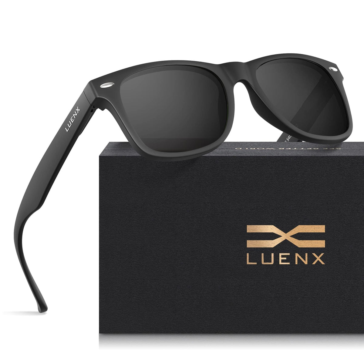 LUENX Square Polarized Sunglasses, Matte Black, 54 mm