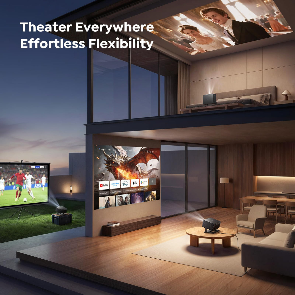 Smart 4K Short Throw Mini Projector, Google TV, Auto Focus, WiFi