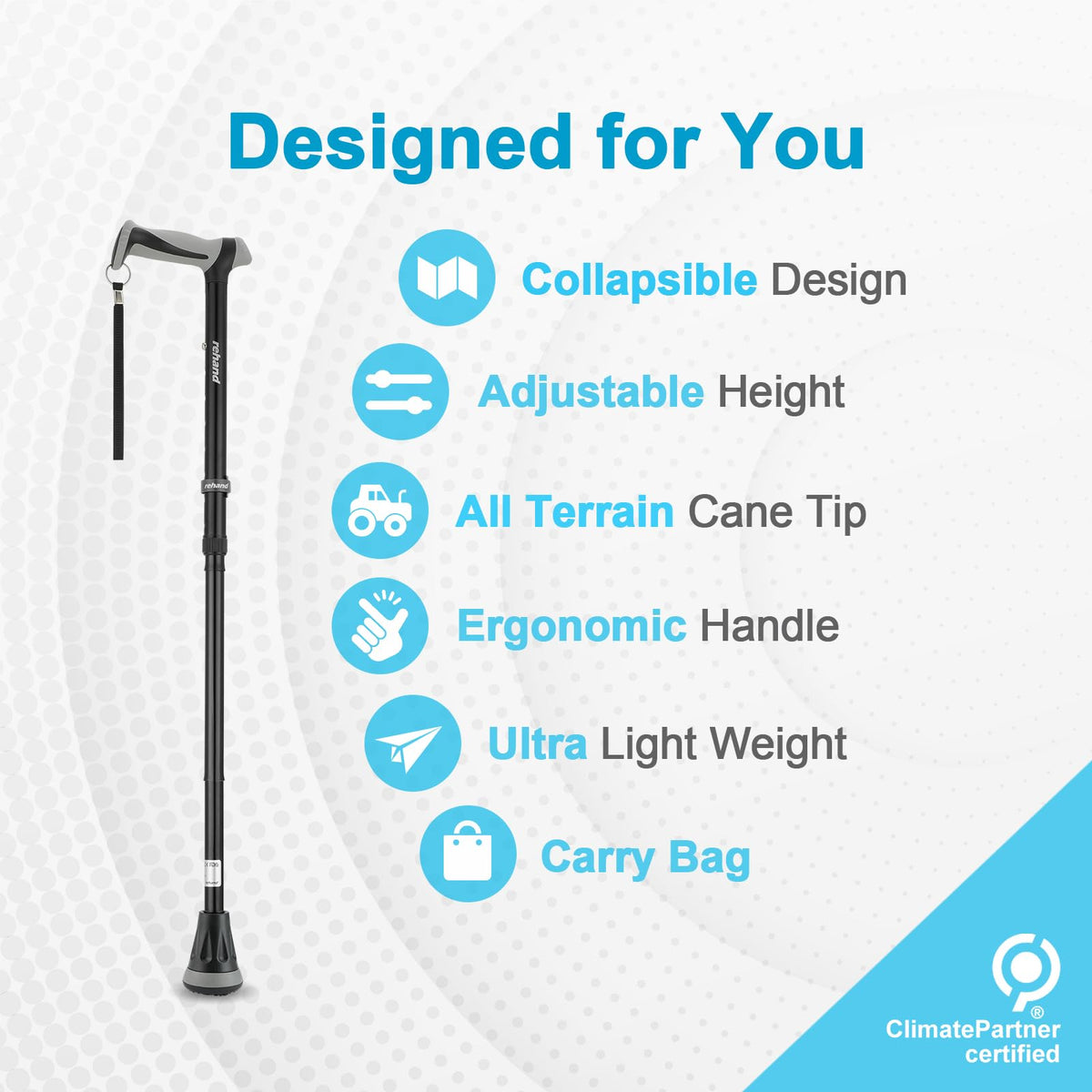 Rehand Foldable Adjustable Walking Cane with Travel Bag, Natural Black