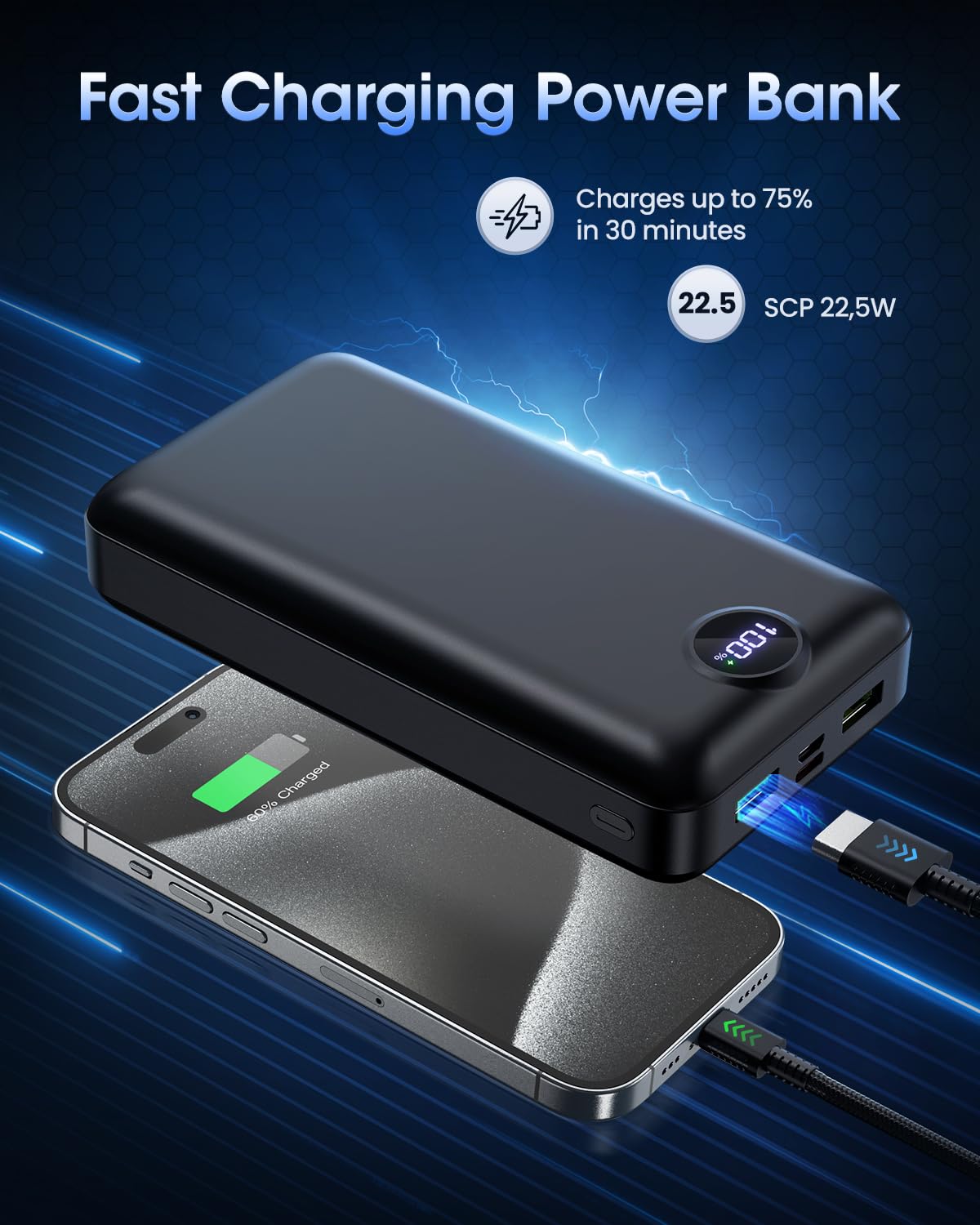 Power Bank, 50000mAh, 22.5W, 3 Outputs, LED Display