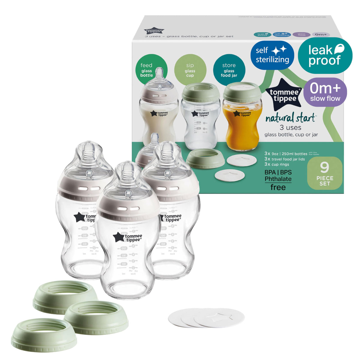 Tommee Tippee Natural Start Glass Baby Bottles, 0m+, 3 x 9 oz/260 ml