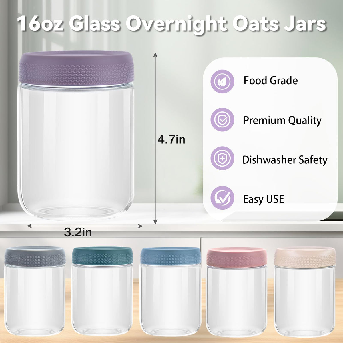 Overnight Oats Glass Jars with Lids and Spoons, 16 Oz, 6 Pack