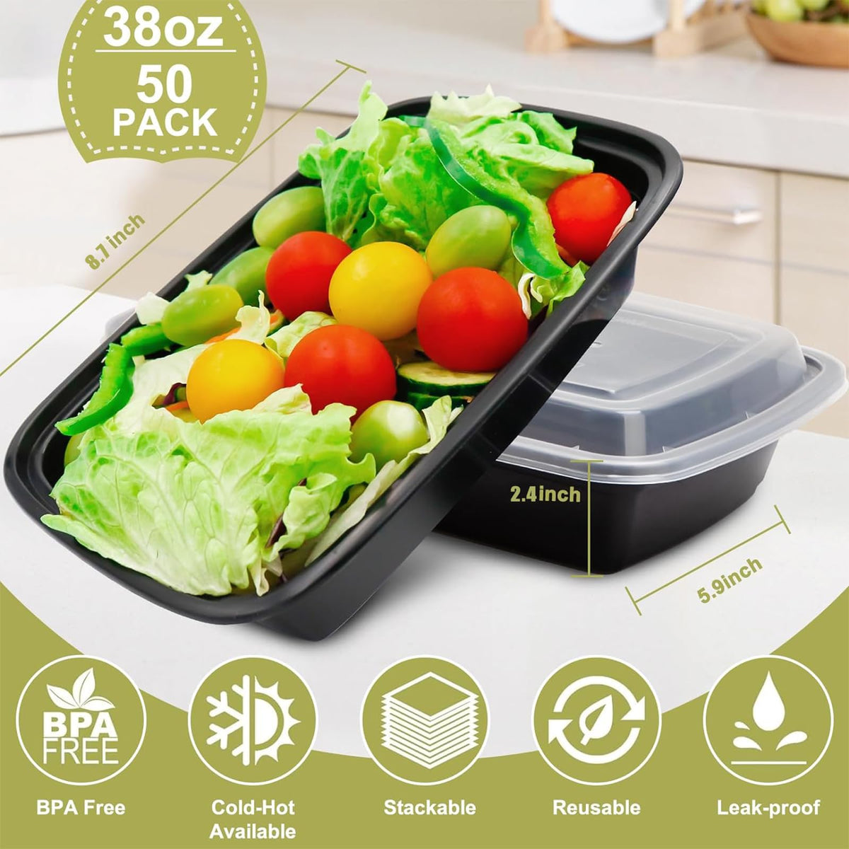 Disposable Meal Prep Containers with Lids, 38oz, 50 Pack