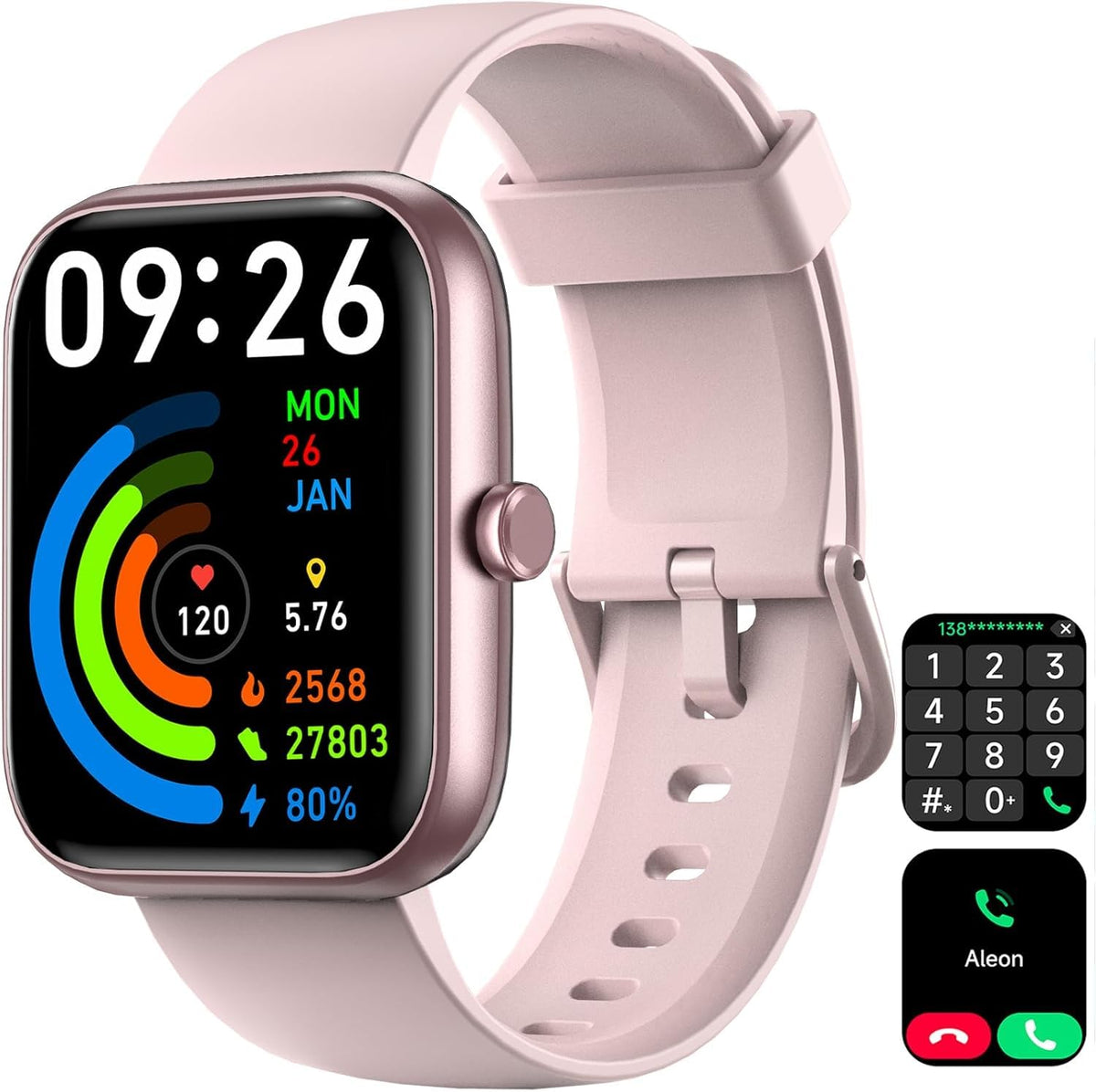 VRPEFIT 1.83-Inch Smart Watch with Calling and Alexa, Crepe Pink