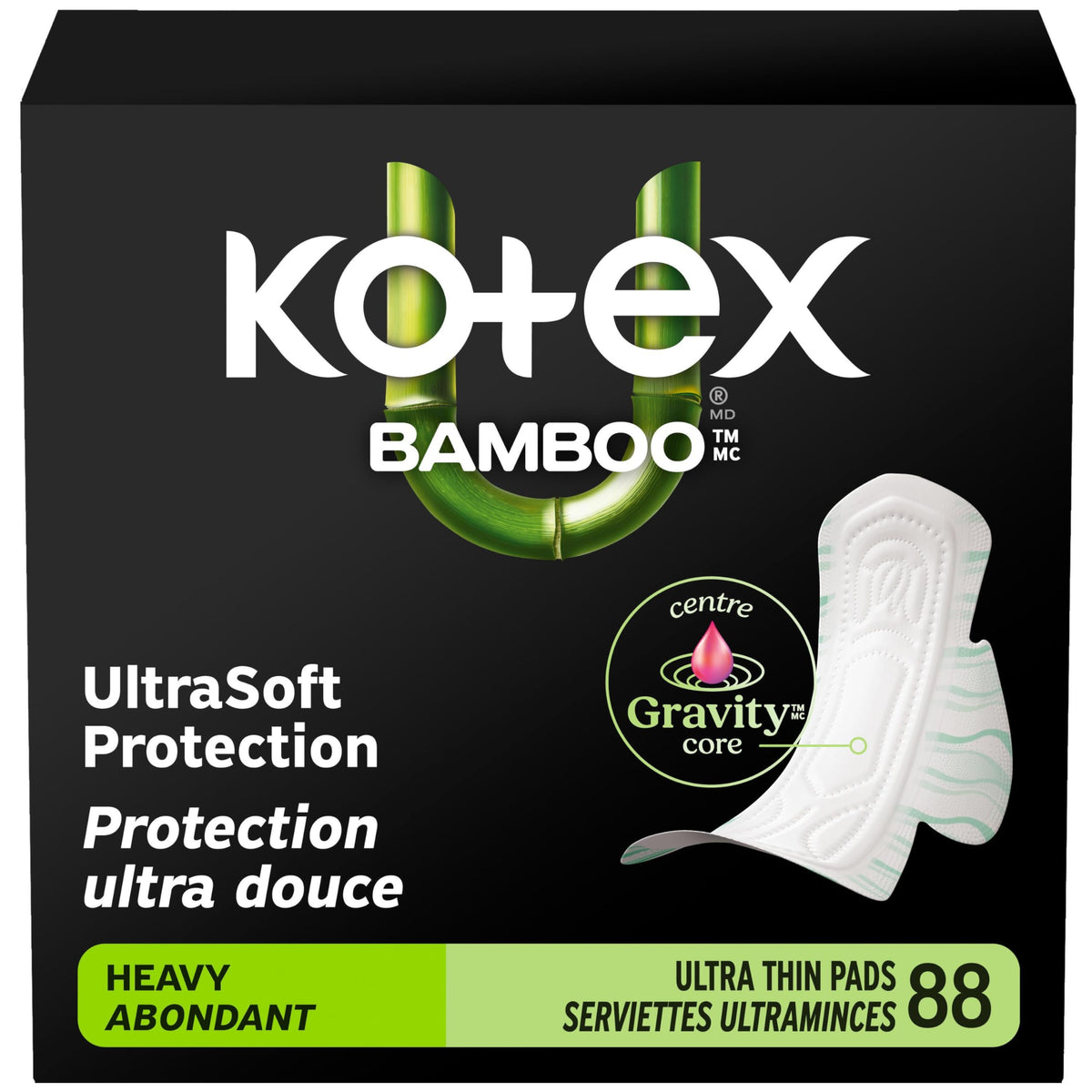 Kotex Bamboo Ultra Thin Pads with Wings, Heavy Absorbency, 88 Count