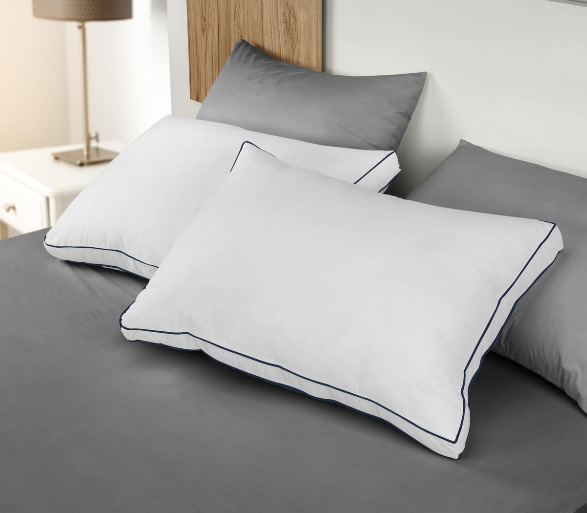 Utopia Bedding Gusseted Bed Pillows, Queen, Navy Hem, Set of 2