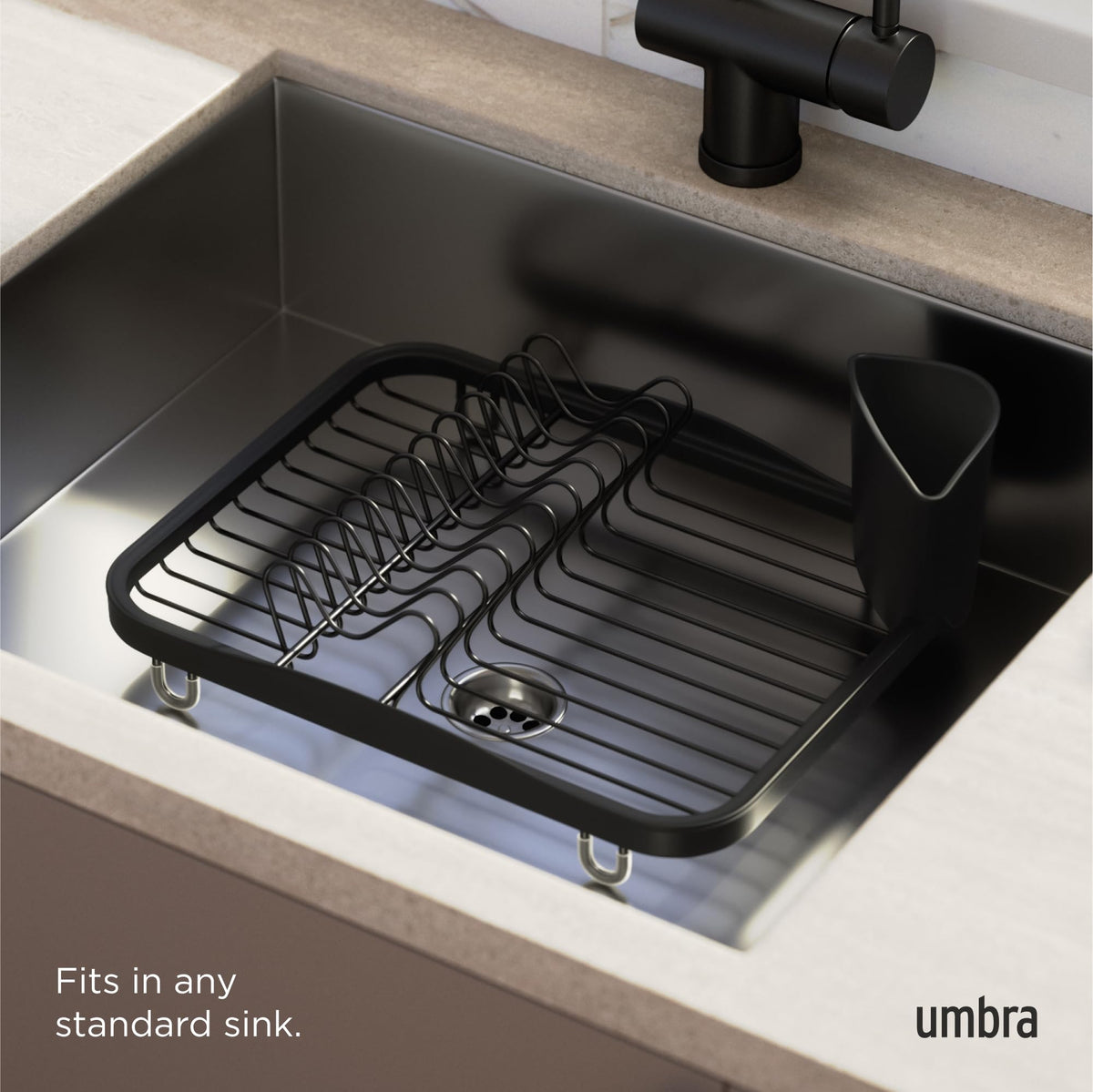 Umbra Sinkin Dish Drying Rack with Cutlery Holder, Standard, Black