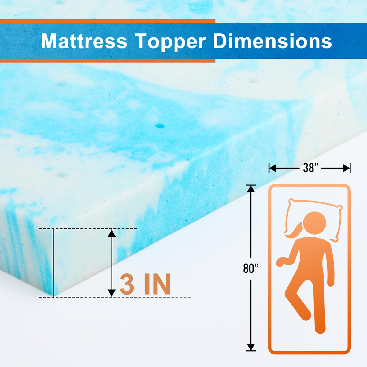 Sweetcrispy 3 Inch Twin XL Memory Foam Mattress Topper, Blue