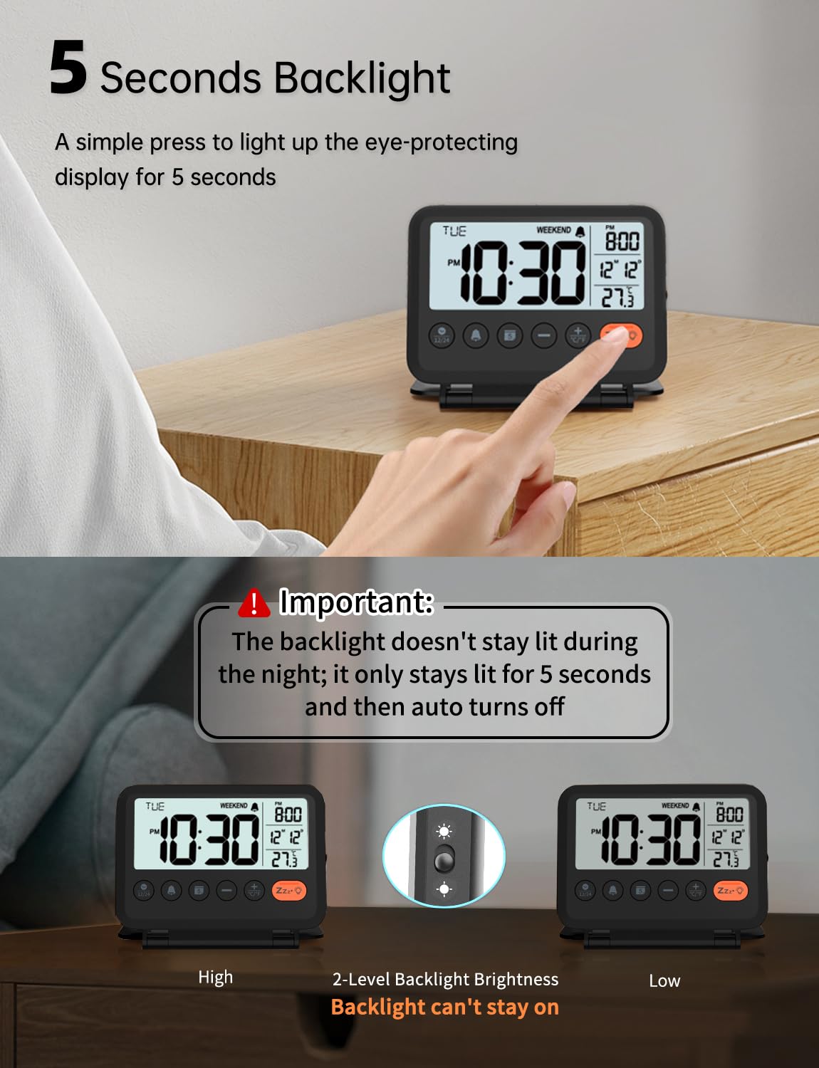 MeesMeek Digital Travel Alarm Clock with Date and Temperature, Black