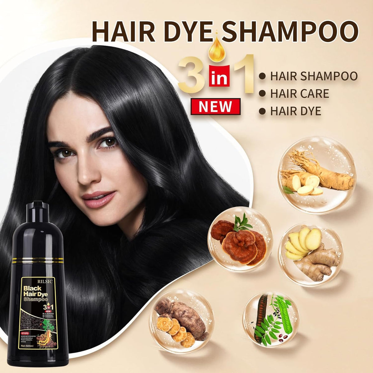 Hair Color Shampoo 3-in-1 for Grey Hair, Natural Black, 500ML
