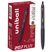 Uniball 207 Plus+ Retractable Gel Pens, 0.5 mm, Black, 12 Pack