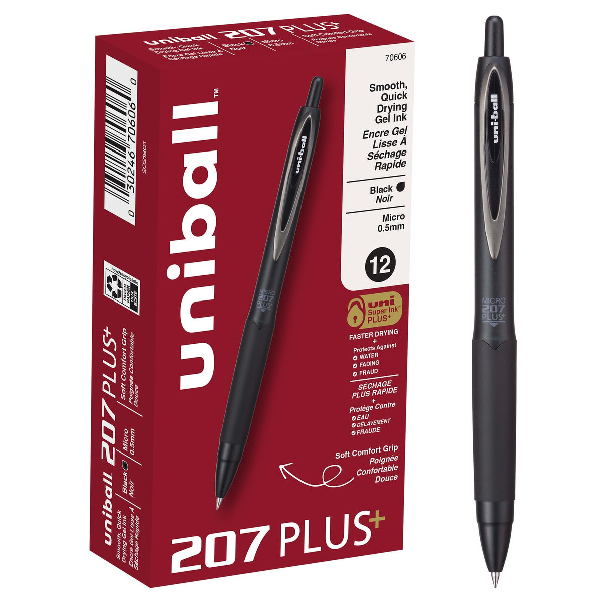 Uniball 207 Plus+ Retractable Gel Pens, 0.5 mm, Black, 12 Pack