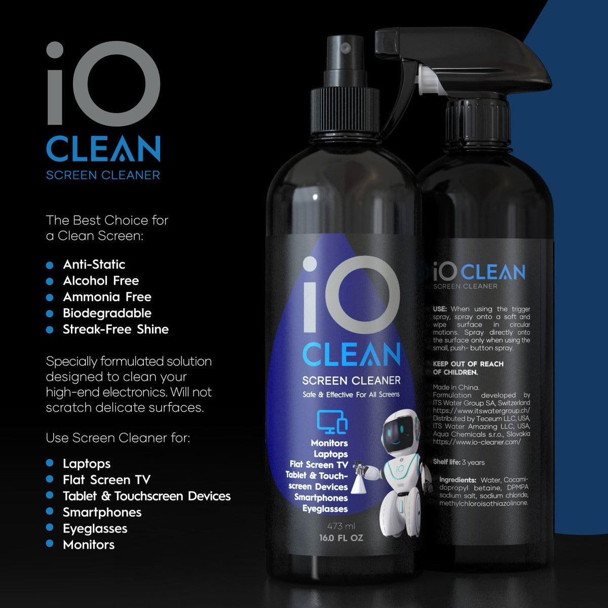 iO CLEAN Screen Cleaner Spray Kit with Microfibre Cloth, 16 oz