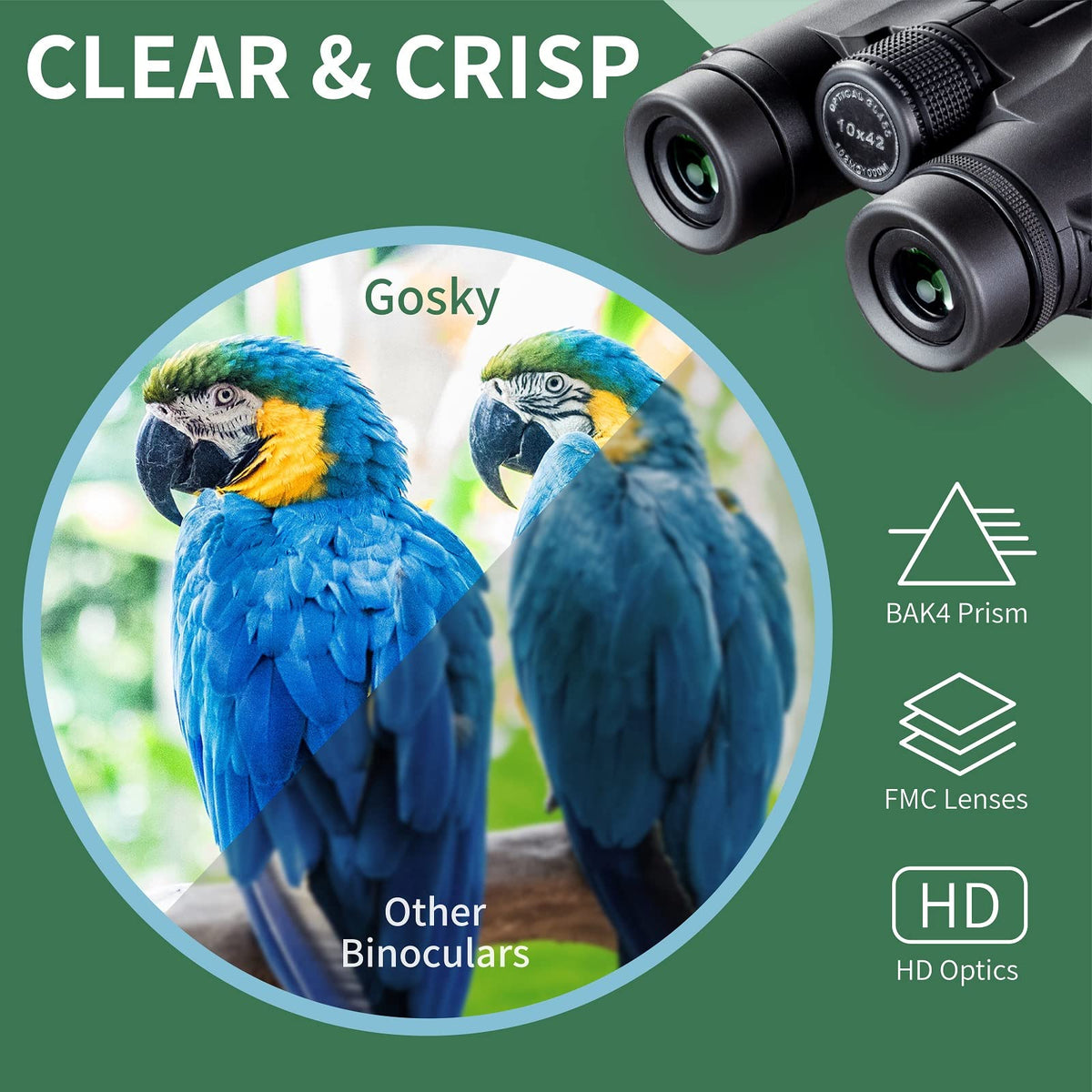 Gosky 10x42 HD Roof Prism Binoculars with Phone Adapter and Tripod