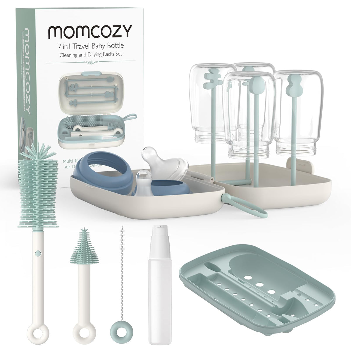 Momcozy 7 in 1 Travel Bottle Cleaning Kit with Drying Rack