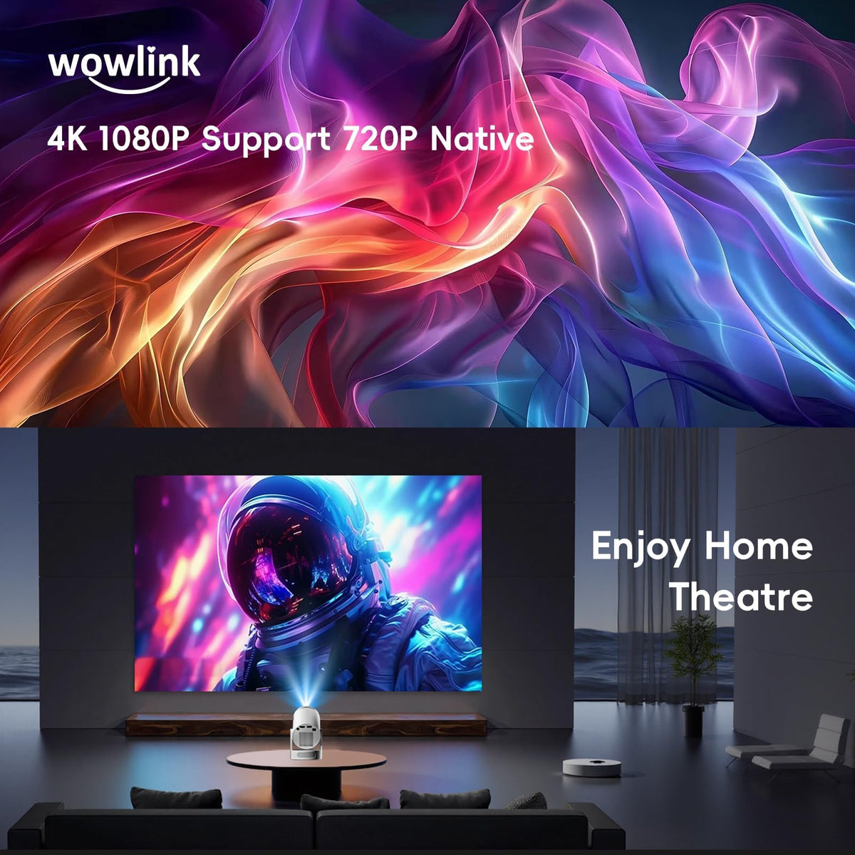 Mini Projector with WiFi 6 & Bluetooth 5.4, 4K Support, White