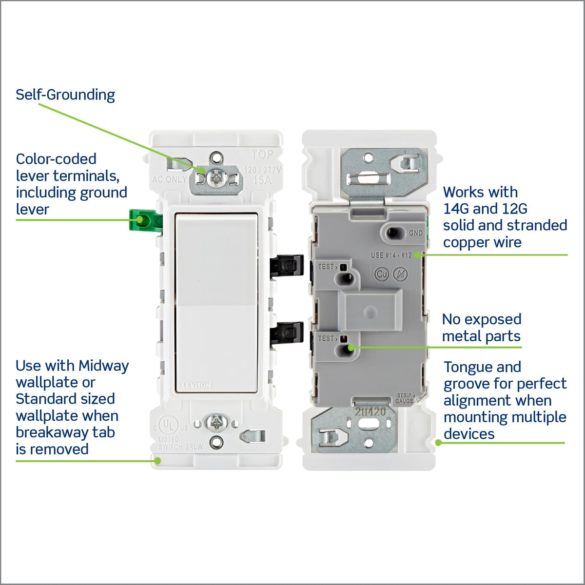 Leviton Lever Edge 15 Amp Single Pole Decora Switch, White, 10-Pack