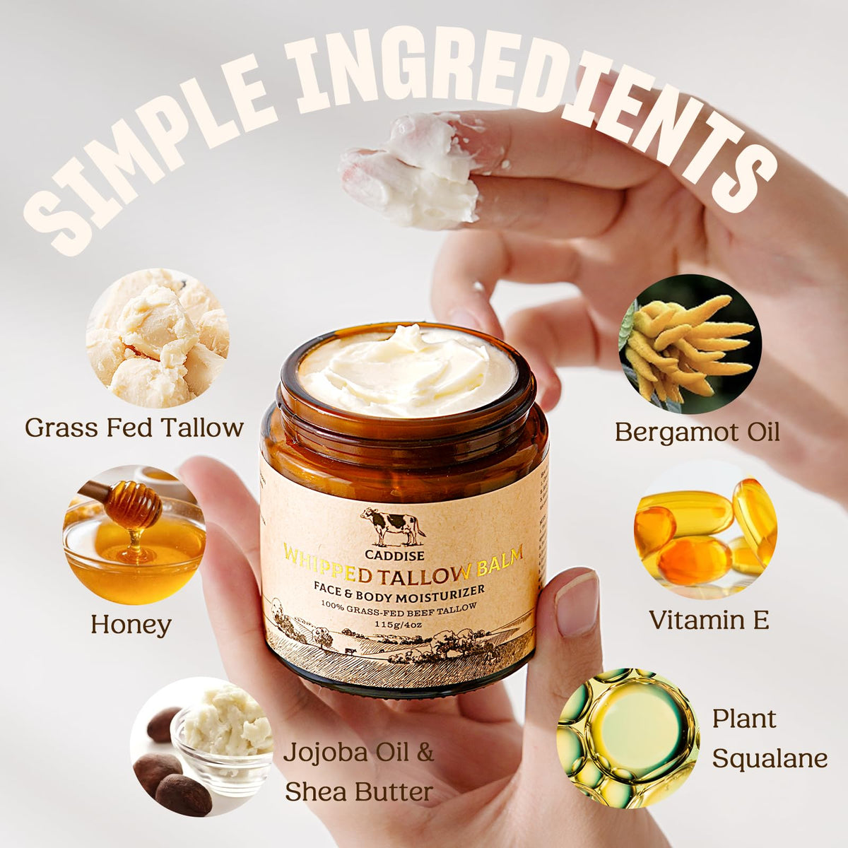 Caddise Whipped Beef Tallow Cream for Face and Body, 4 oz