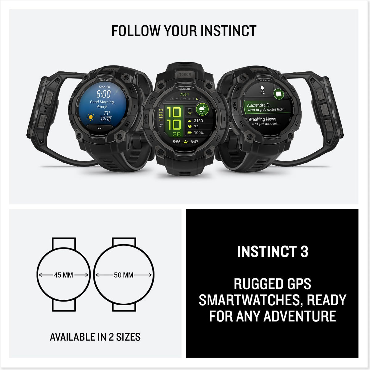 Garmin Instinct 3 AMOLED GPS Smartwatch, Black, 45mm