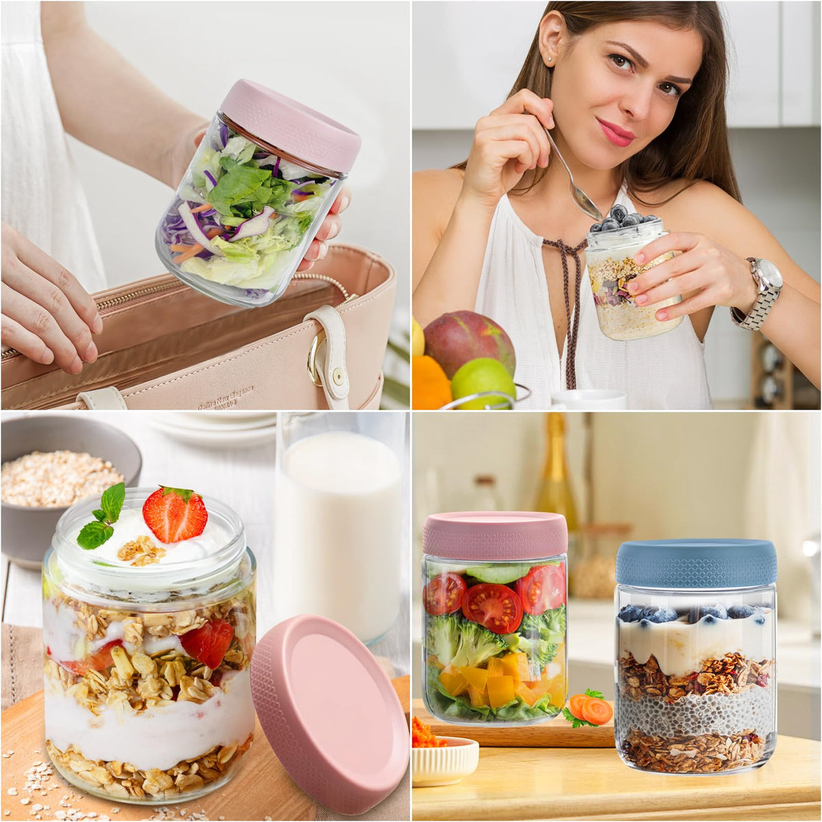 Overnight Oats Glass Jars with Lids and Spoons, 16 Oz, 6 Pack