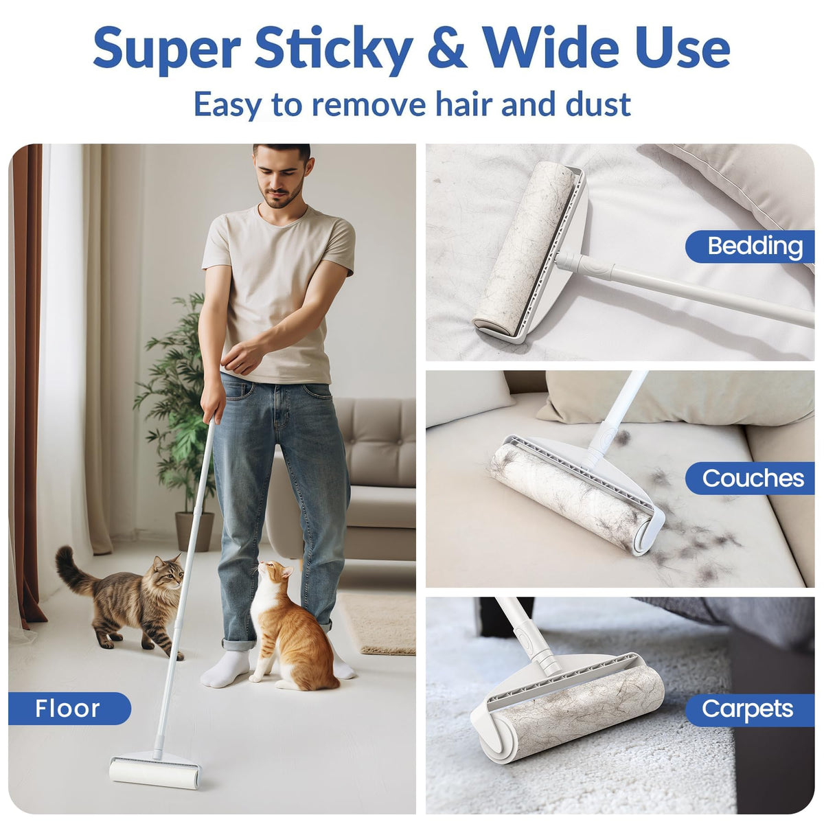 Delomo Large Lint Rollers, 9.45 in, with 3 Extendable Handles