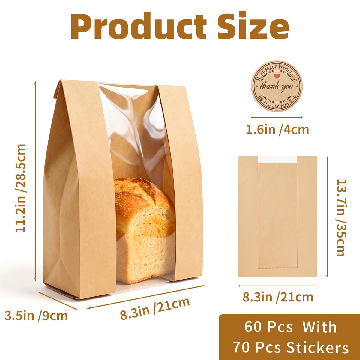 Homrelaxy Kraft Bread Bags with Window, 13.7 x 8.3 x 3.5 in, 60 Pcs