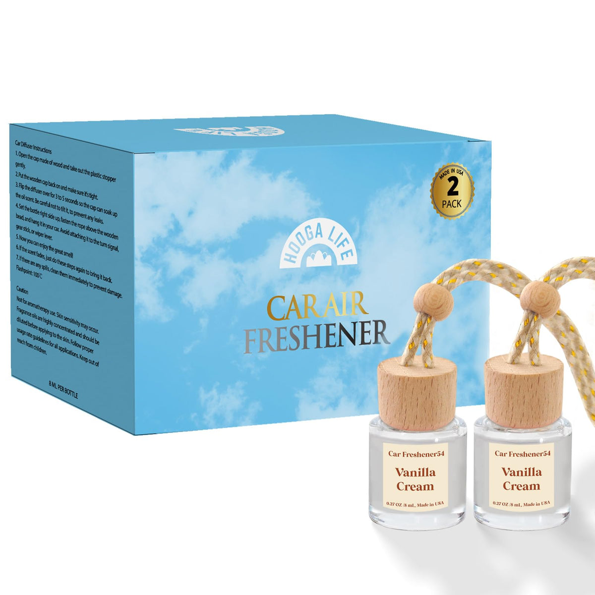HoogaLife Hanging Car Air Freshener Diffuser, Vanilla Cream (2 Pack)