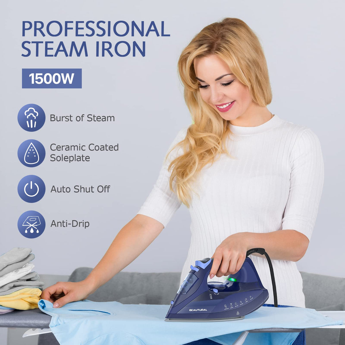 Beautural Steam Iron with Thermostat Dial and Ceramic Soleplate