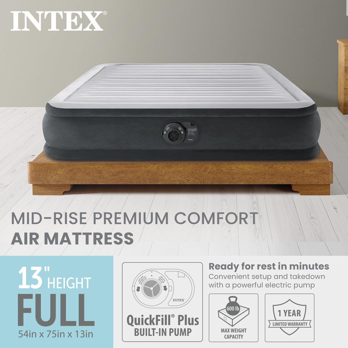 INTEX 67767ED Dura-Beam Comfort-Plush Air Mattress with Pump, Full