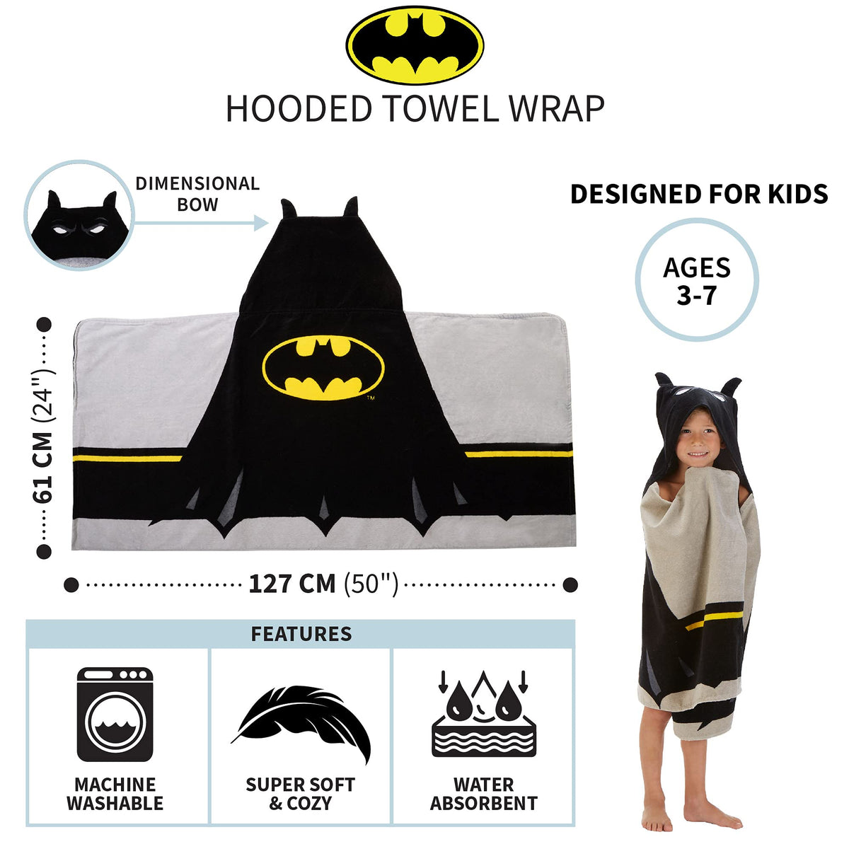 Franco Batman Kids Hooded Towel Wrap, 24 x 50 In