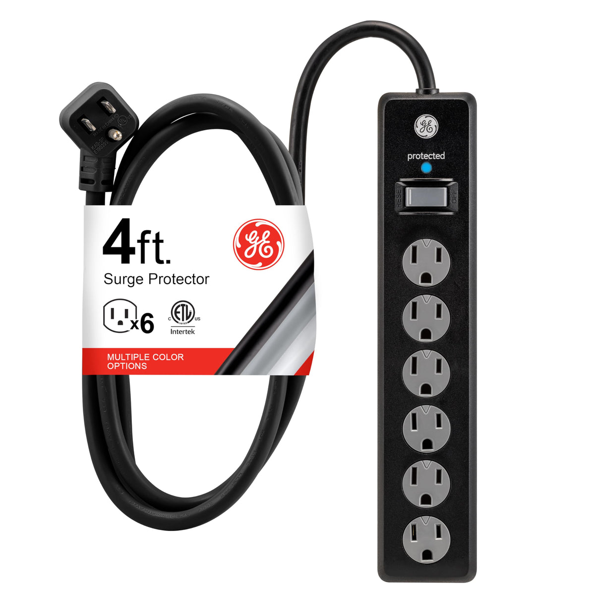 GE 6-Outlet Surge Protector, 4 ft Cord, Black