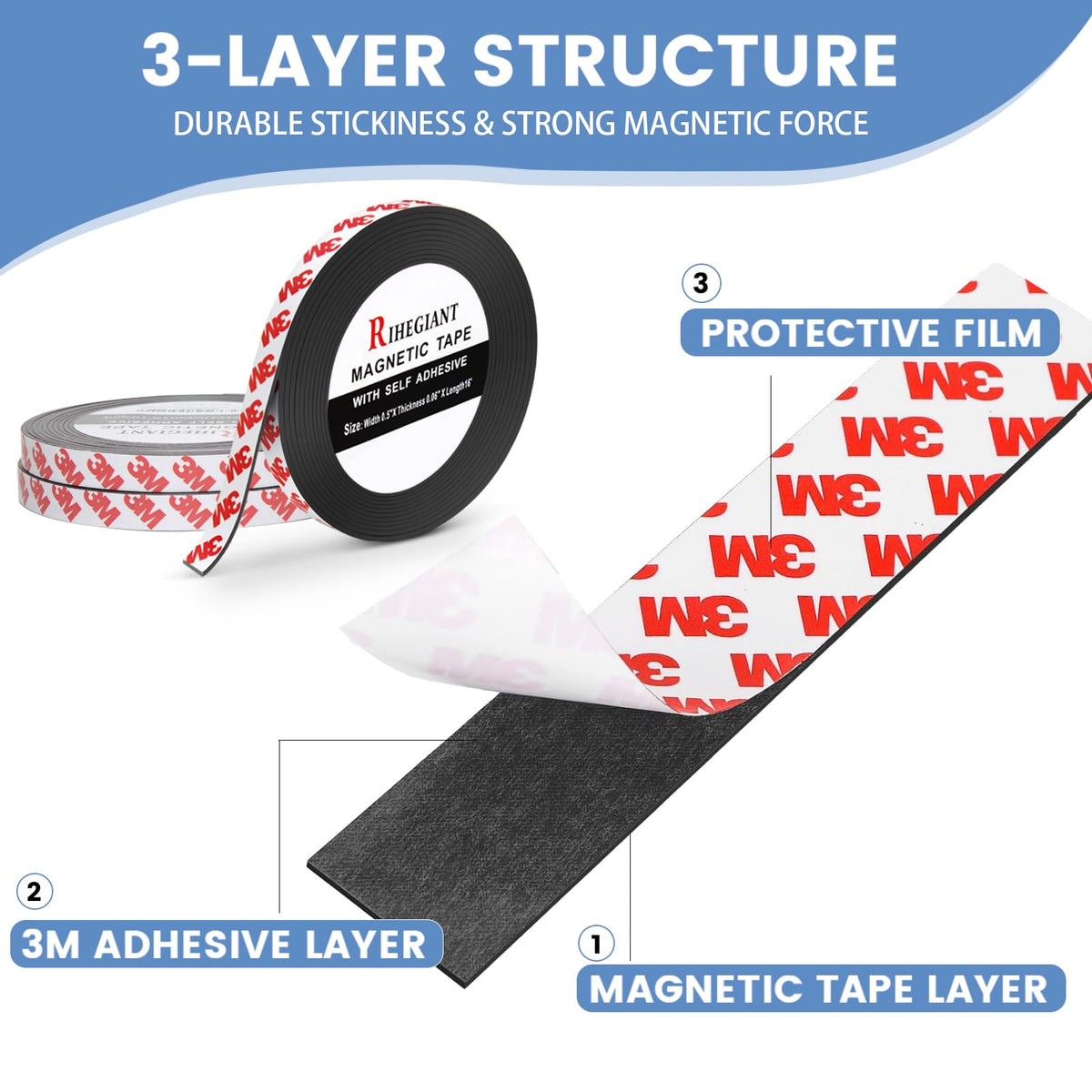 RIHEGAINT Adhesive Magnetic Tape, 1/2" x 16 ft
