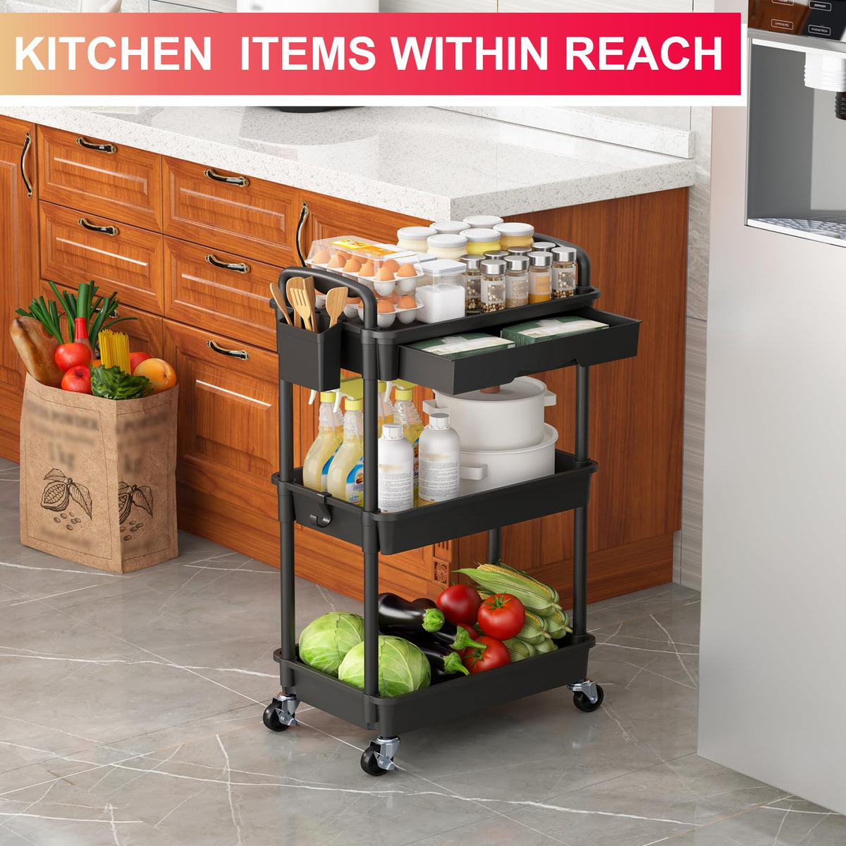 Goovilla 3 Tier Rolling Utility Cart with Removable Drawer, Black