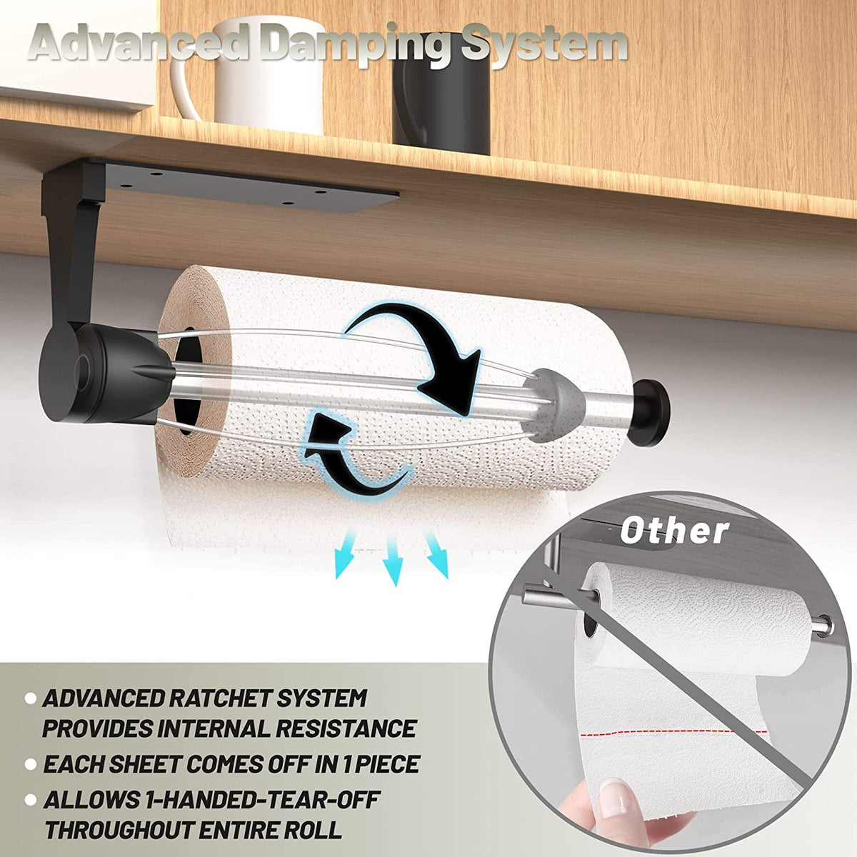 Vehhe Under Cabinet Paper Towel Holder with Ratchet System, Black