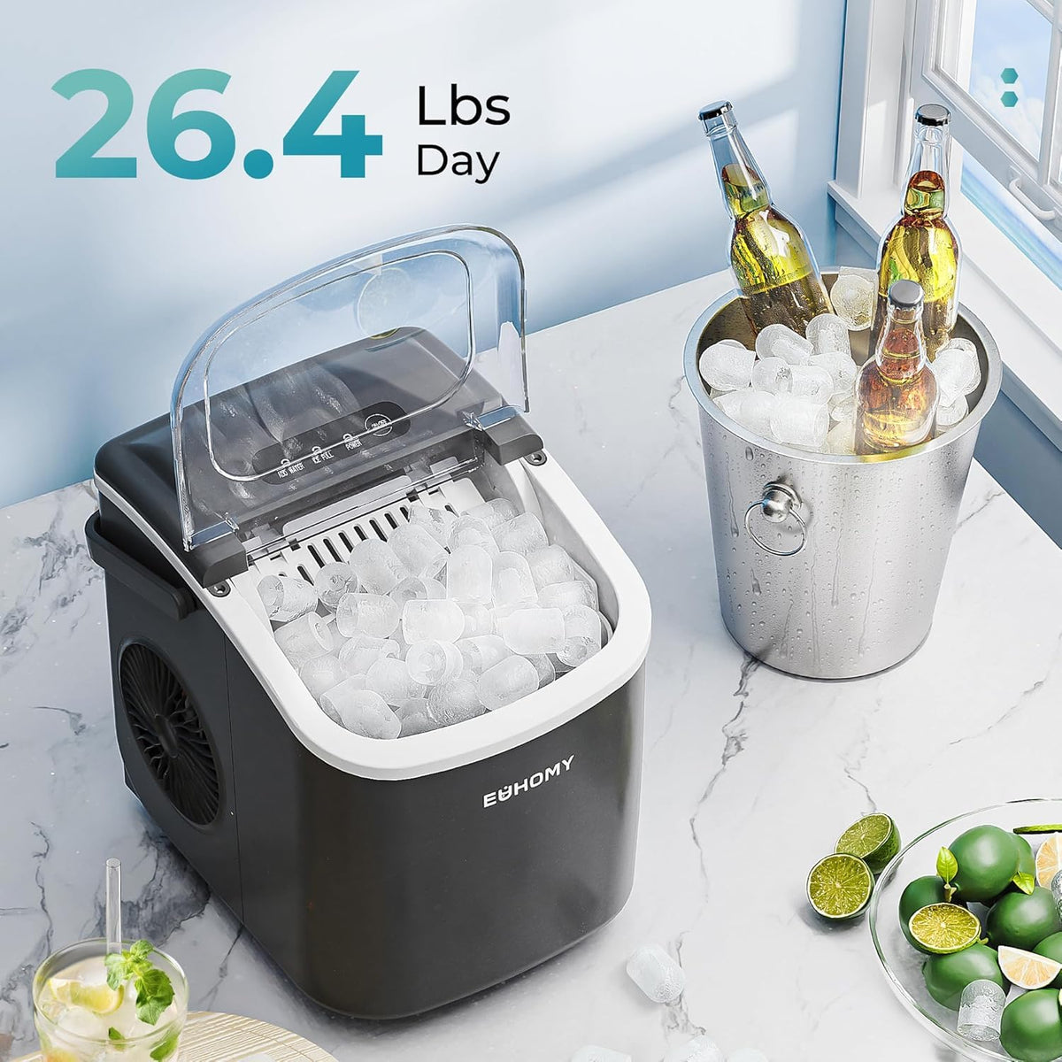 EUHOMY Countertop Ice Maker with Handle, 26.4 lb Per Day, Black
