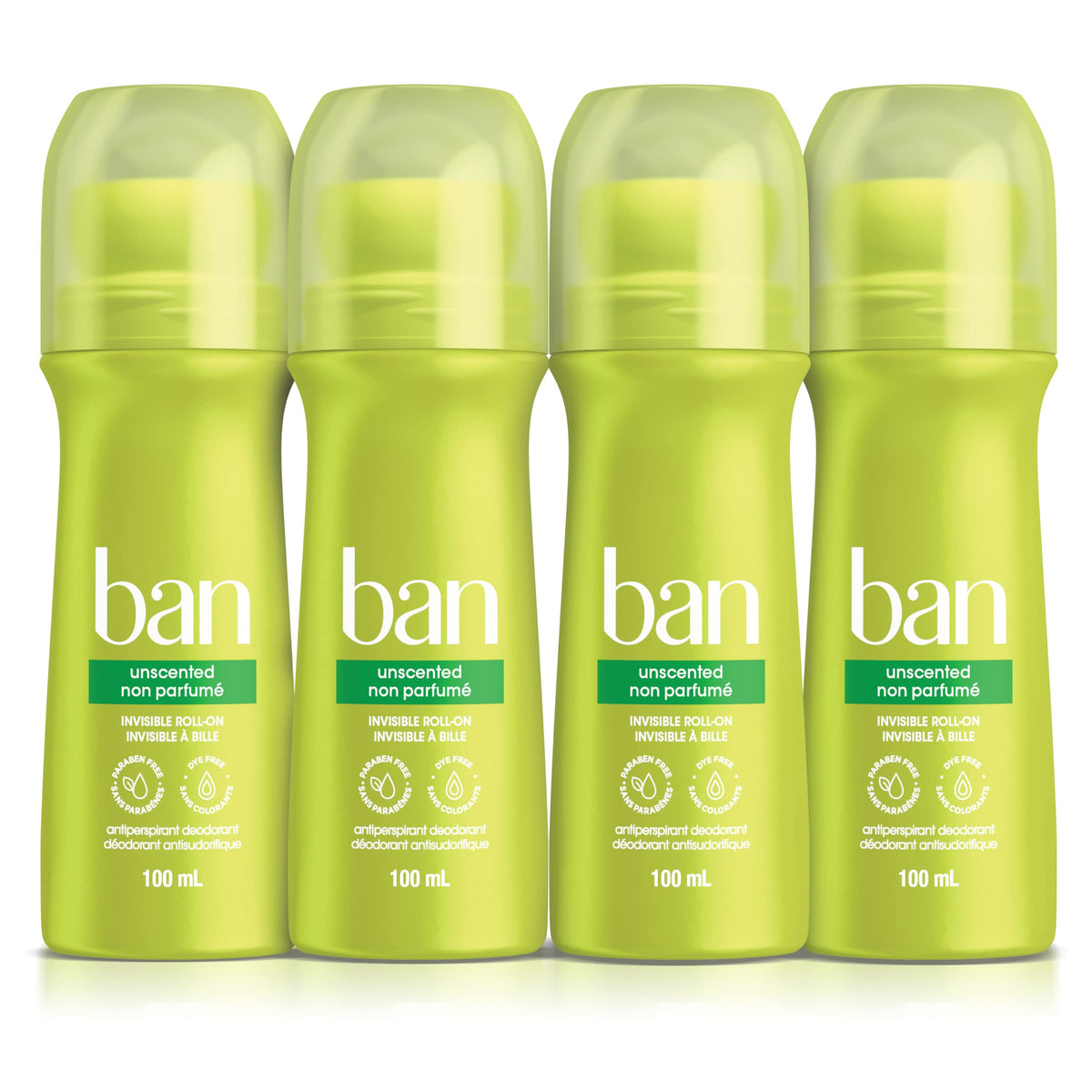 Ban Unscented Roll-On Antiperspirant Deodorant, Pack of 4