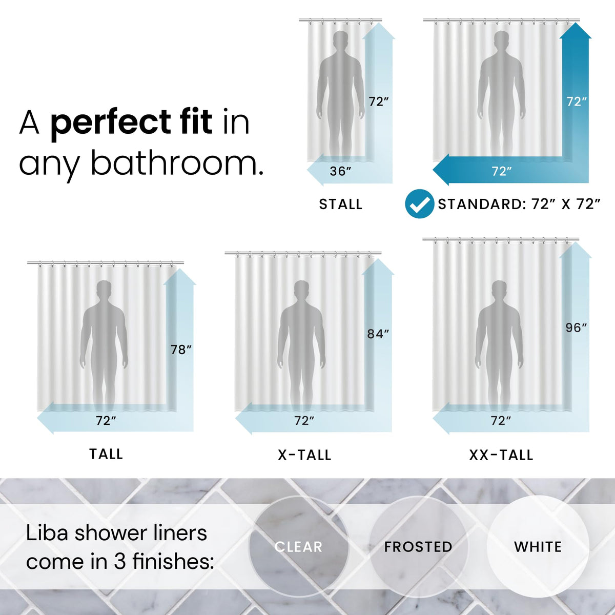LiBa PEVA Shower Curtain Liner, 72 x 72 in, Frosted