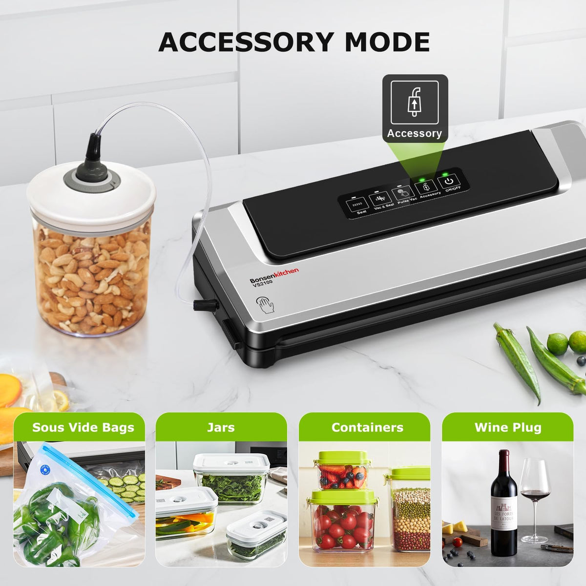 Bonsenkitchen Vacuum Sealer Machine, 90 kPa, Silver