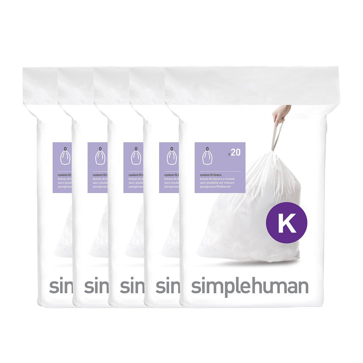 Simplehuman Code K Custom Fit Liners, 100 Count, 35-45L, White