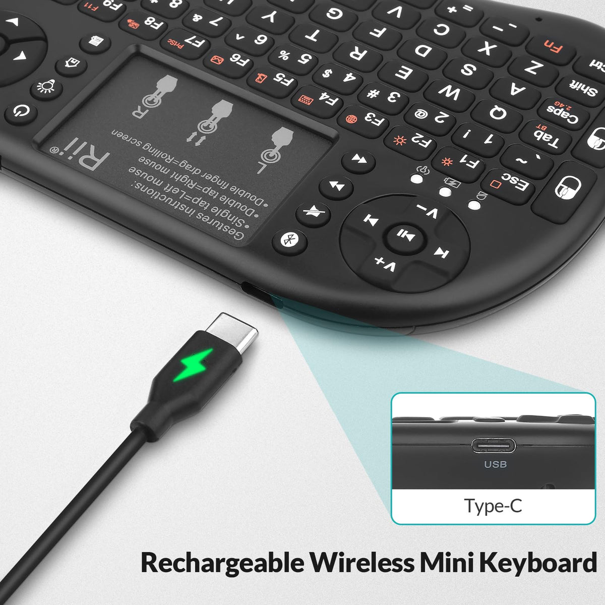 Rii i8+ Mini Wireless Bluetooth Keyboard with Touchpad, LED Backlit