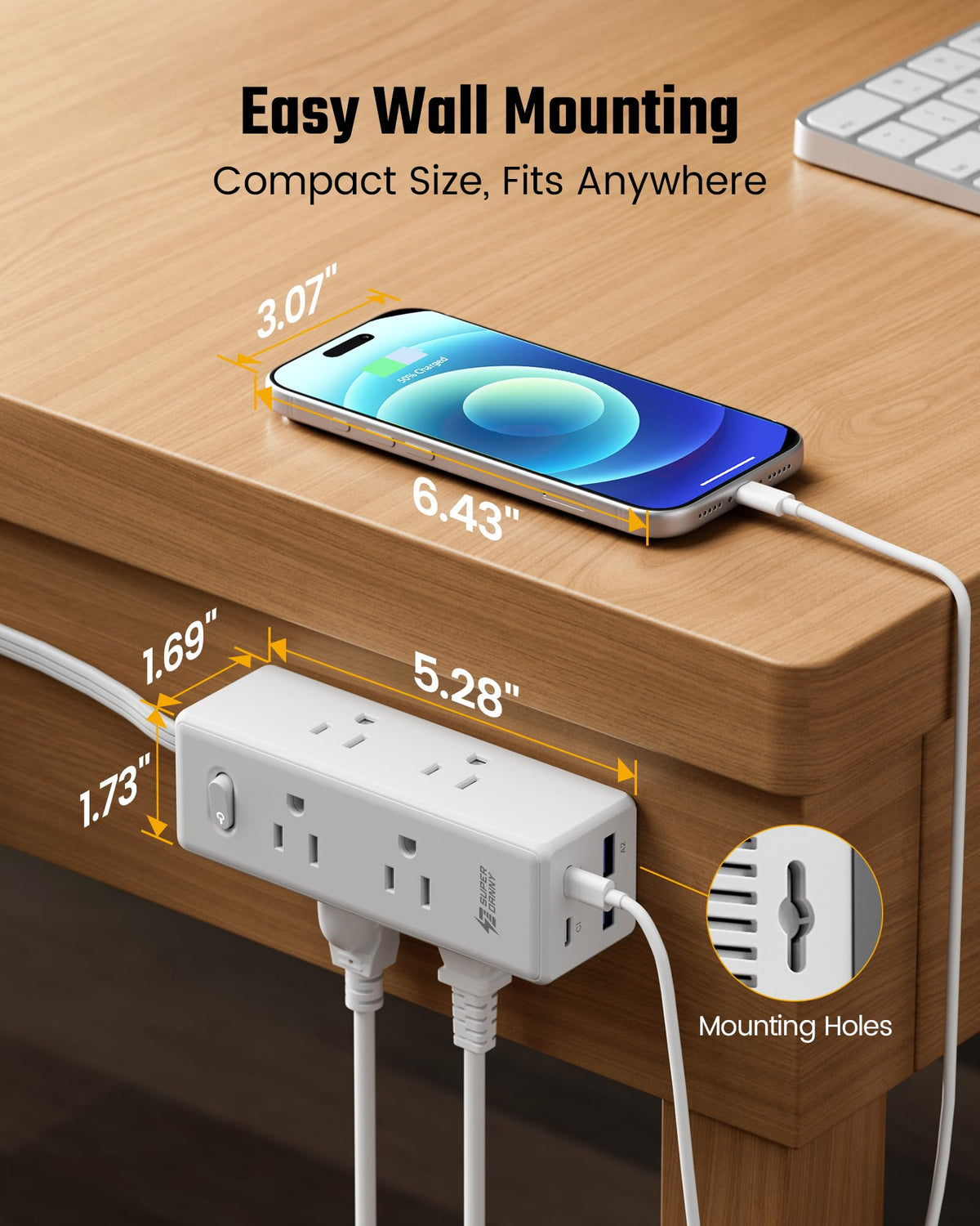 SUPERDANNY Surge Protector Power Bar, 6 Outlets, 4 USB, 10 ft