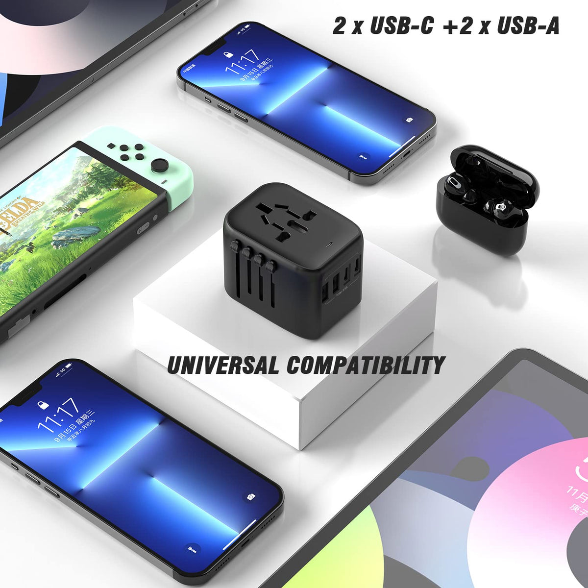 RXSQUL 5-in-1 Universal Travel Plug Adapter, 2 USB-A, 2 USB C, Black