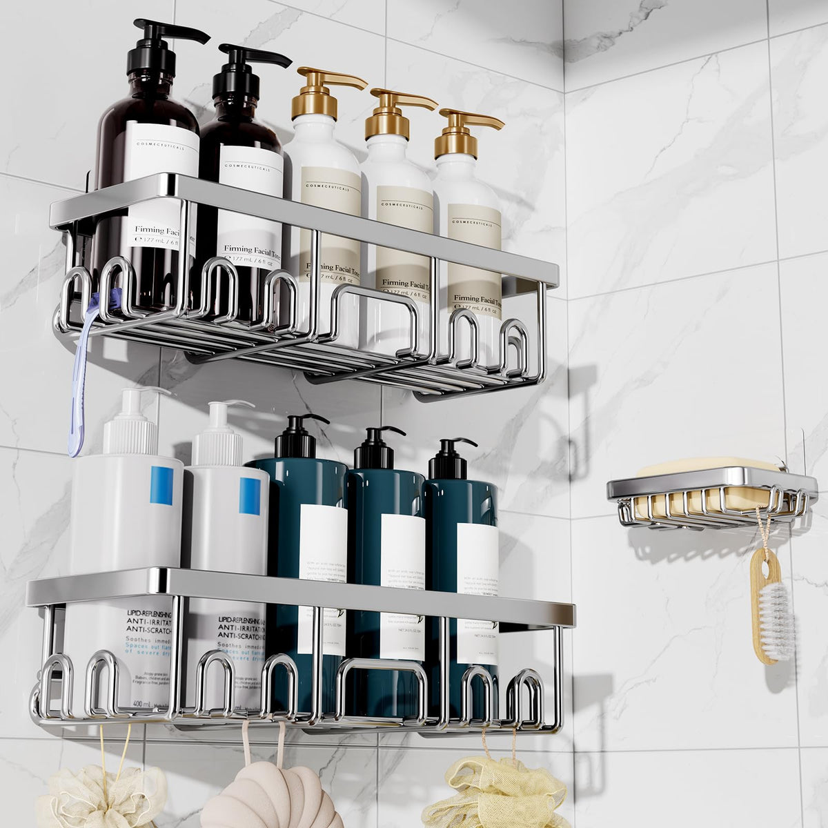 Veken Adhesive Shower Caddy with Soap Holder, 3-Pack, Silver